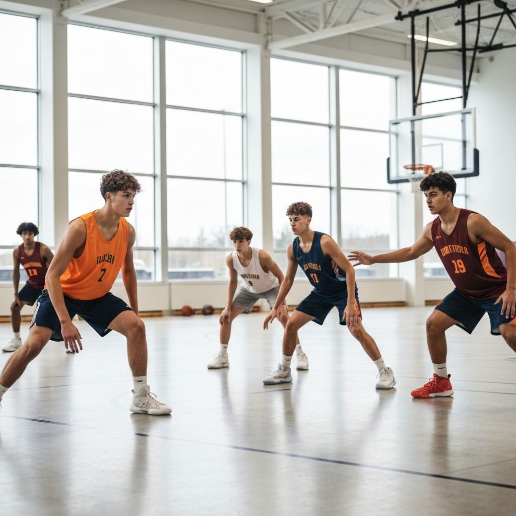 Players practicing defensive stance